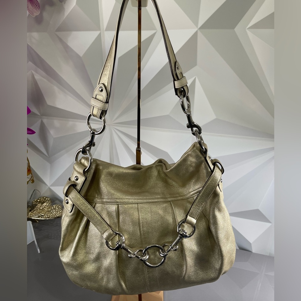 Coach Gold metallic Leather Hobo Shoulder Handbag with Silver Hardware